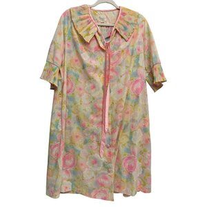 VTG Loungees Floral Pleated Ruffled Button Front Night Gown Dress 16 Pink